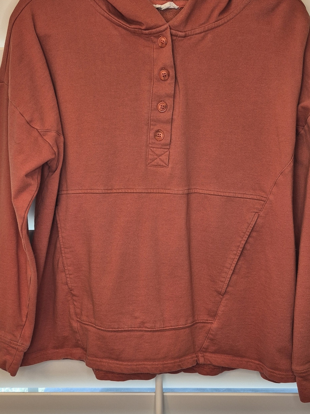 Cotton Bleu Henley Hoodie Pullover in Rust Autumn Orange Sz L Front Pouch Pocket - Picture 2 of 6